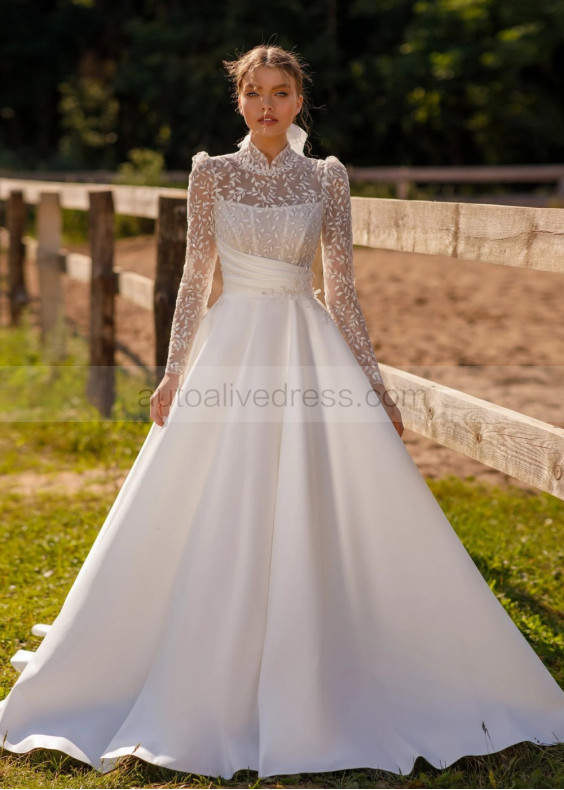 Ivory Satin Lace Buttons Back Unique Wedding Dress